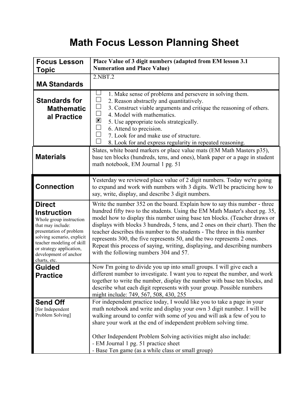 Math Focus Lesson Planning Sheet