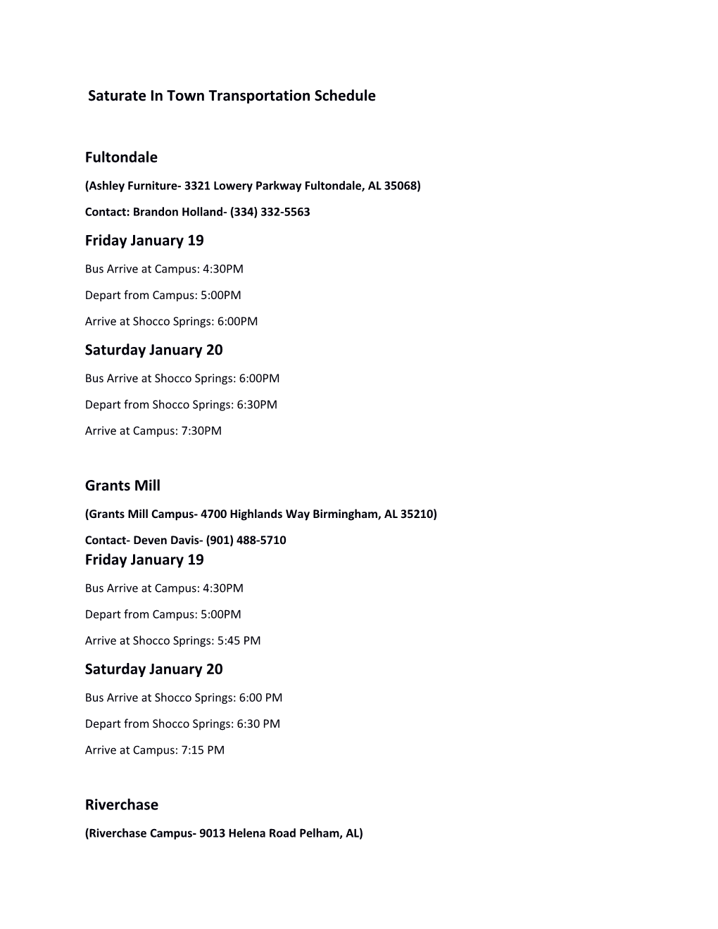 Saturate in Town Transportation Schedule