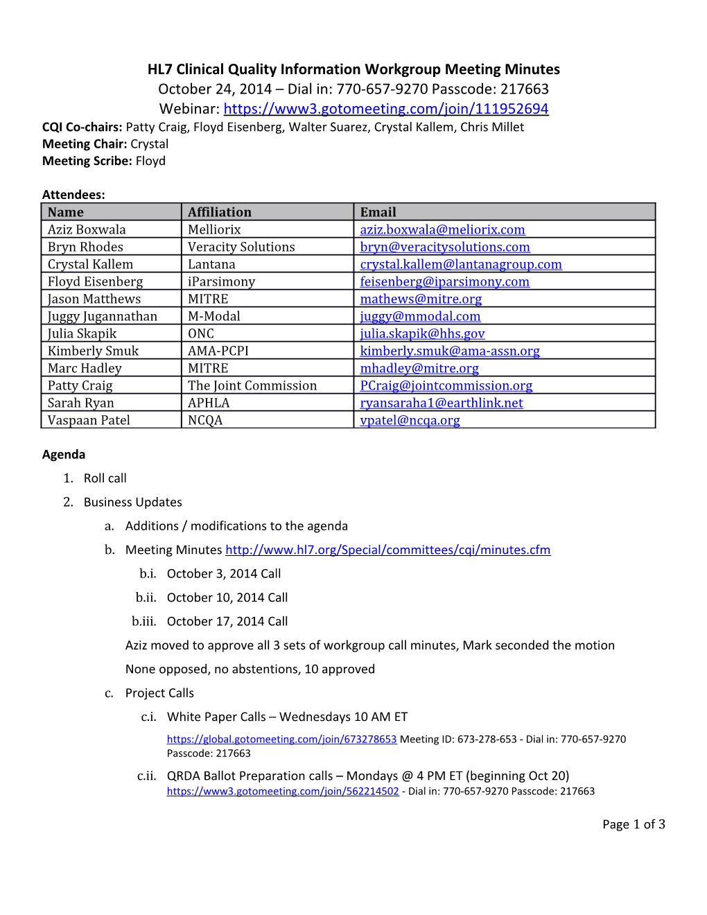 HL7 Clinical Quality Information Workgroup Meeting Minutes