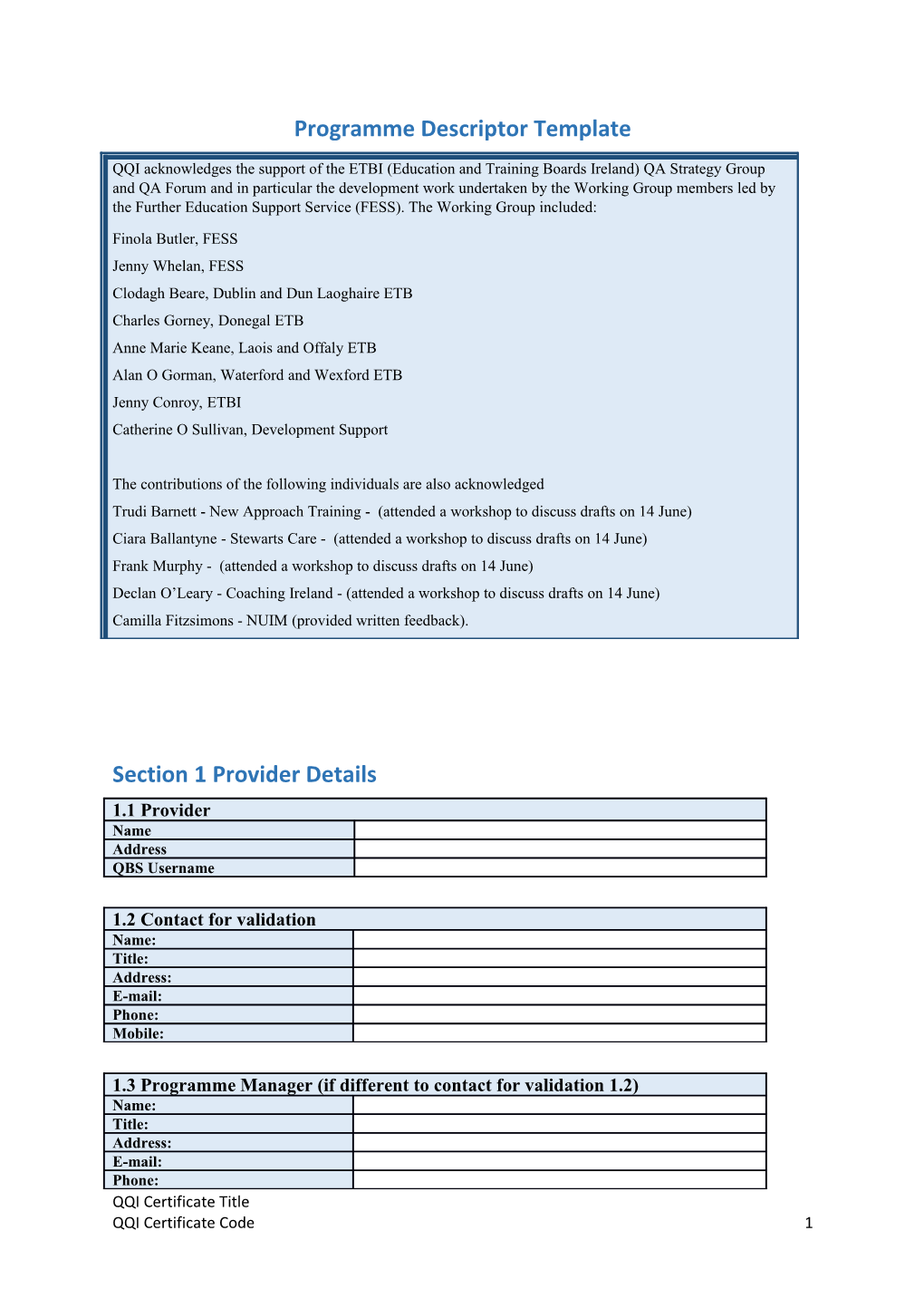 Programme Descriptor Template Pilot Version