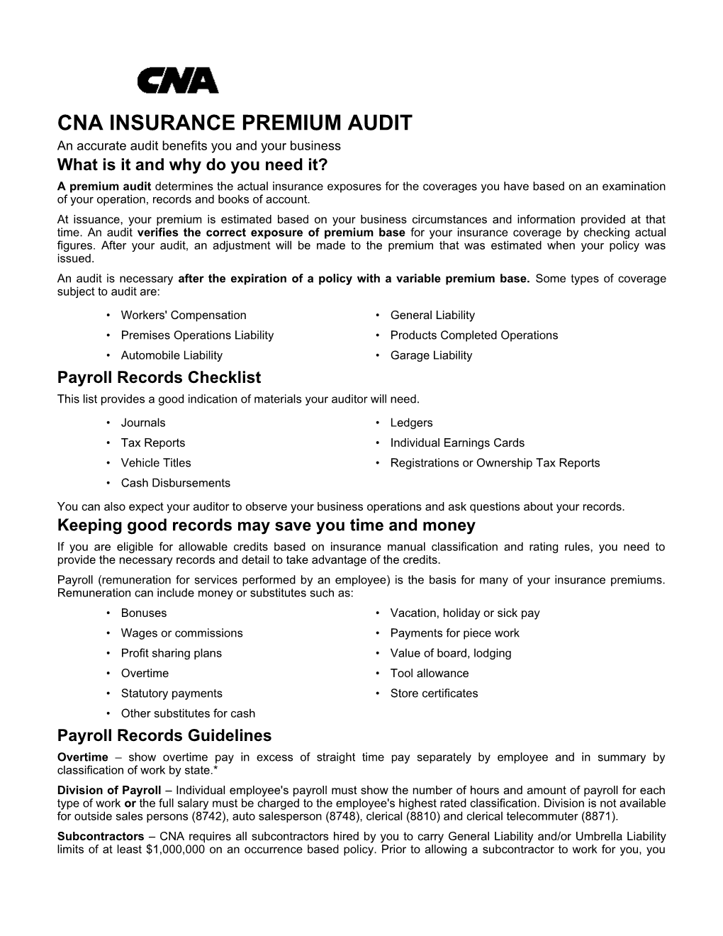 Cna Insurance Premium Audit