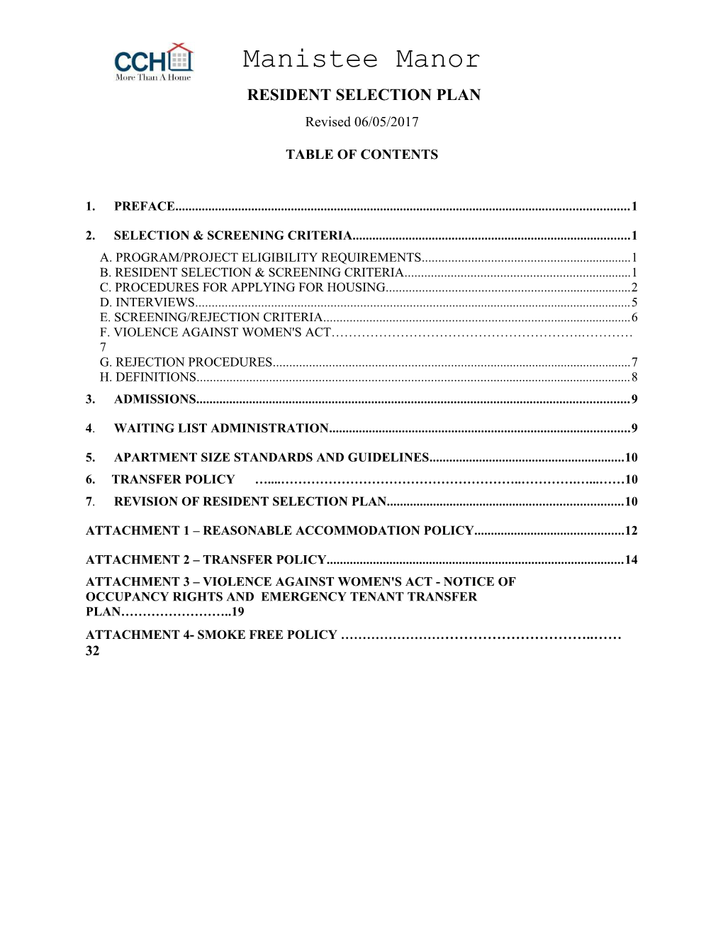 Resident Selection Plan