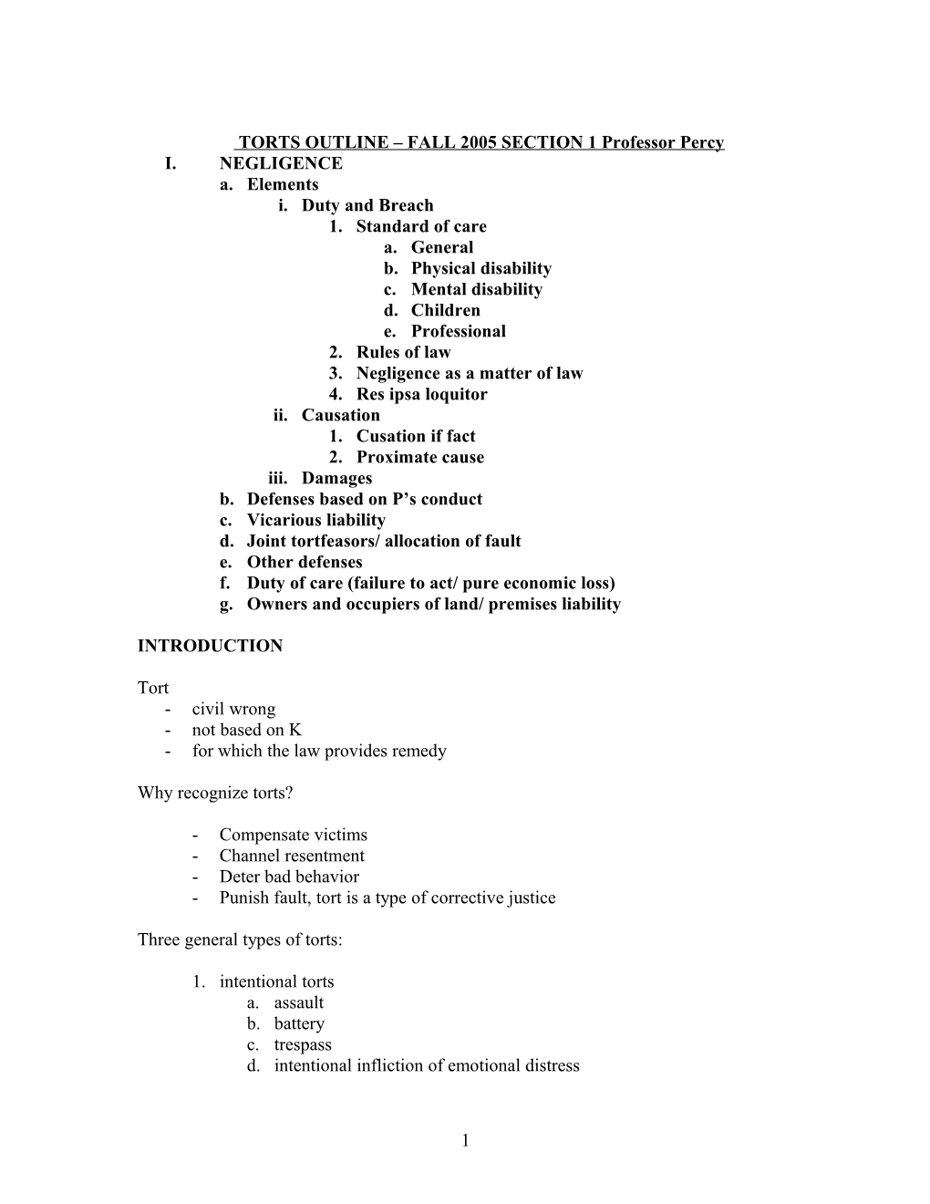 Torts Outline Fall 2005 Section 1