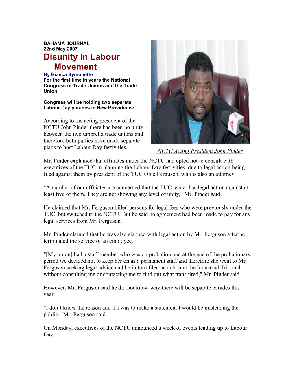 Disunity in Labour Movement