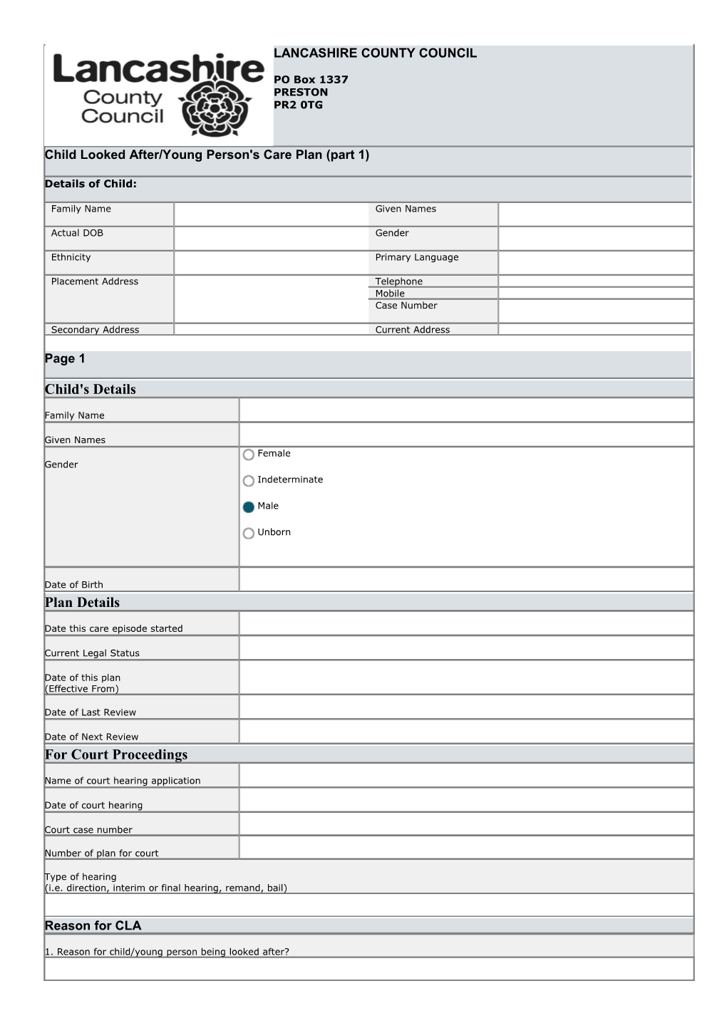 Child Looked After/Young Person's Care Plan (Part 1)