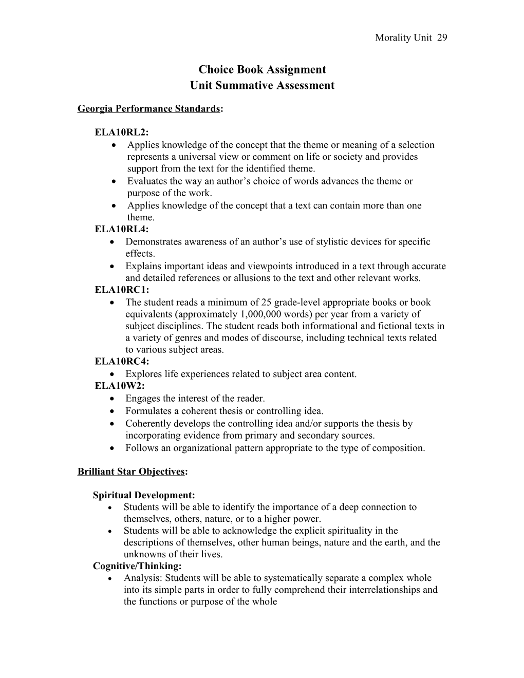 Choice Book Assignment Unit Summative Assessment