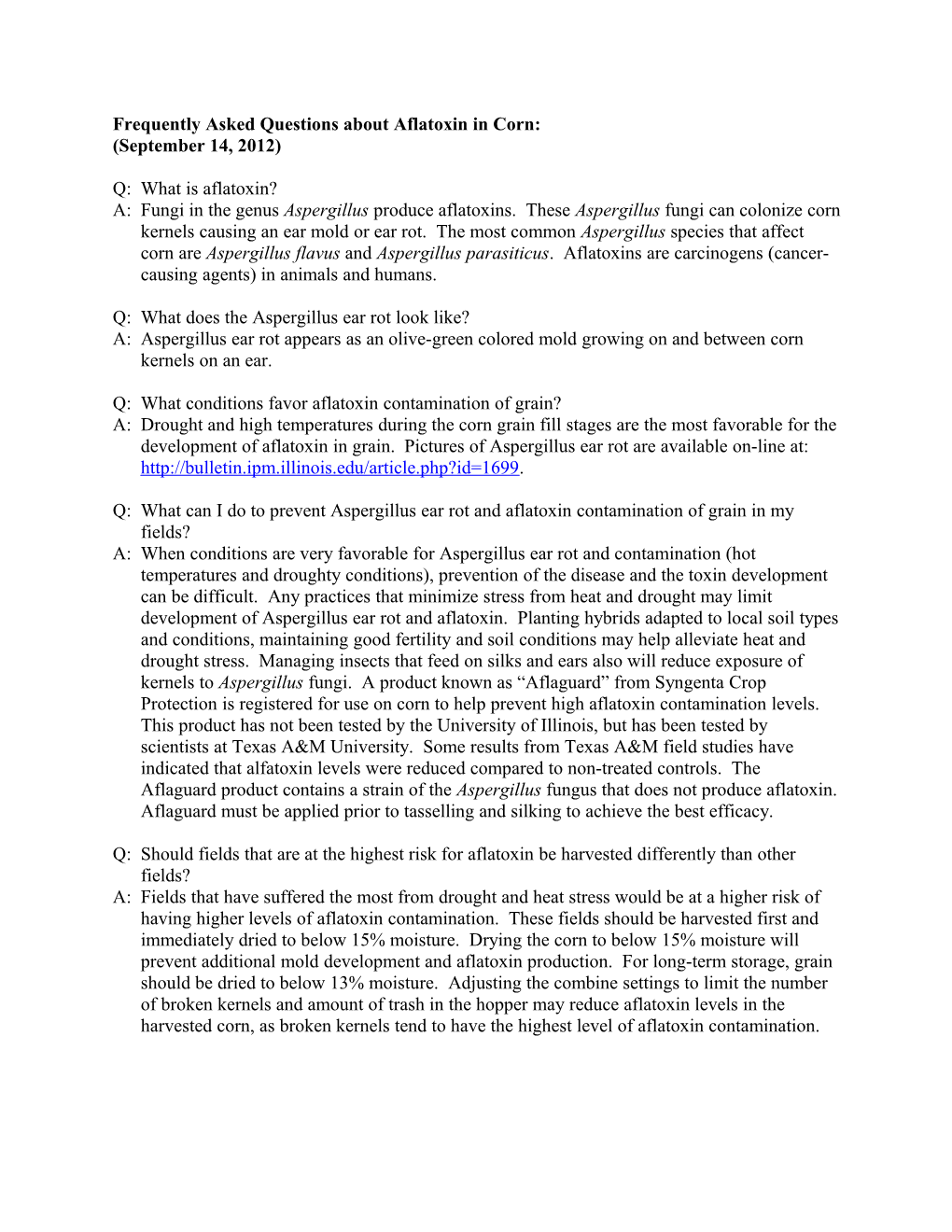 Frequently Asked Questions About Aflatoxin in Corn