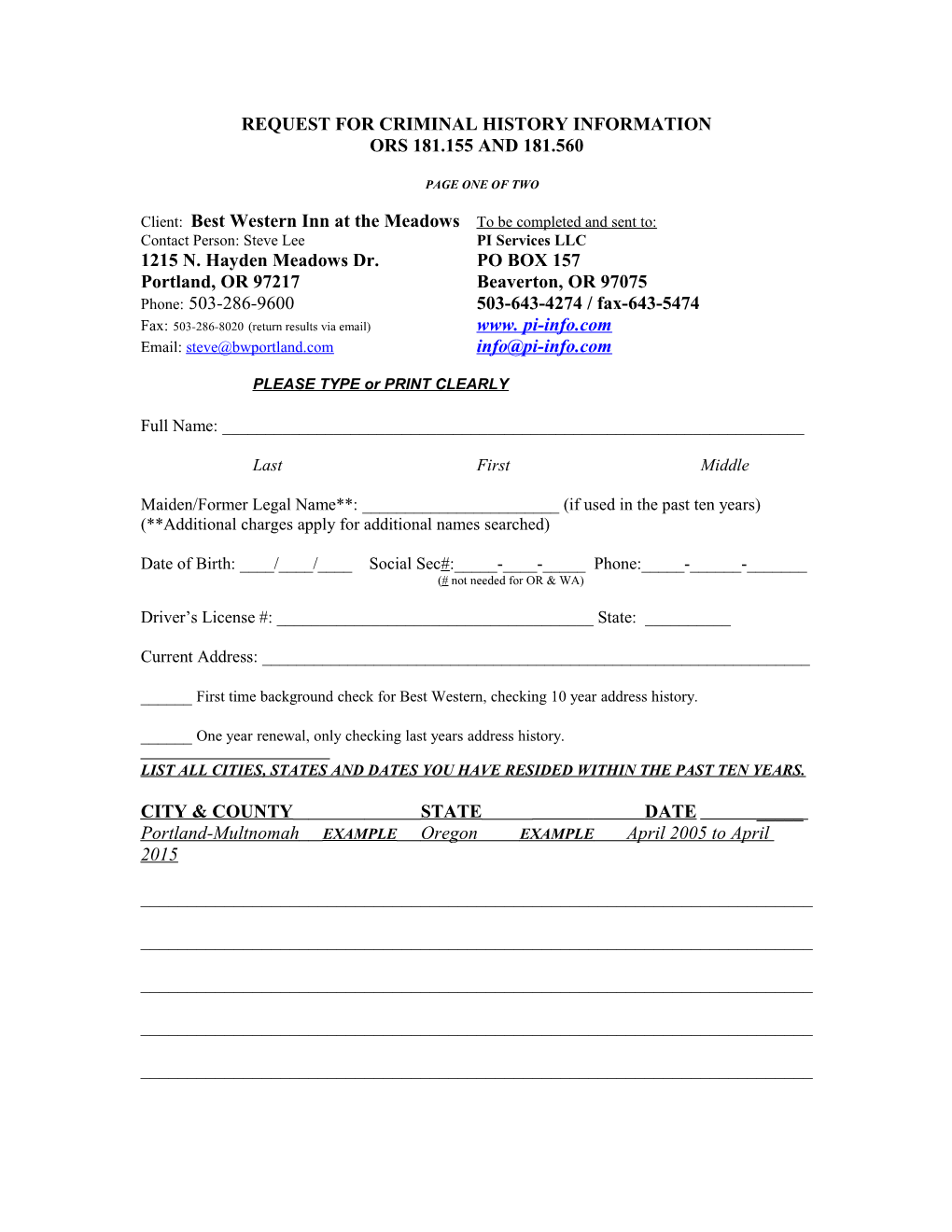 Request for Criminal History Information