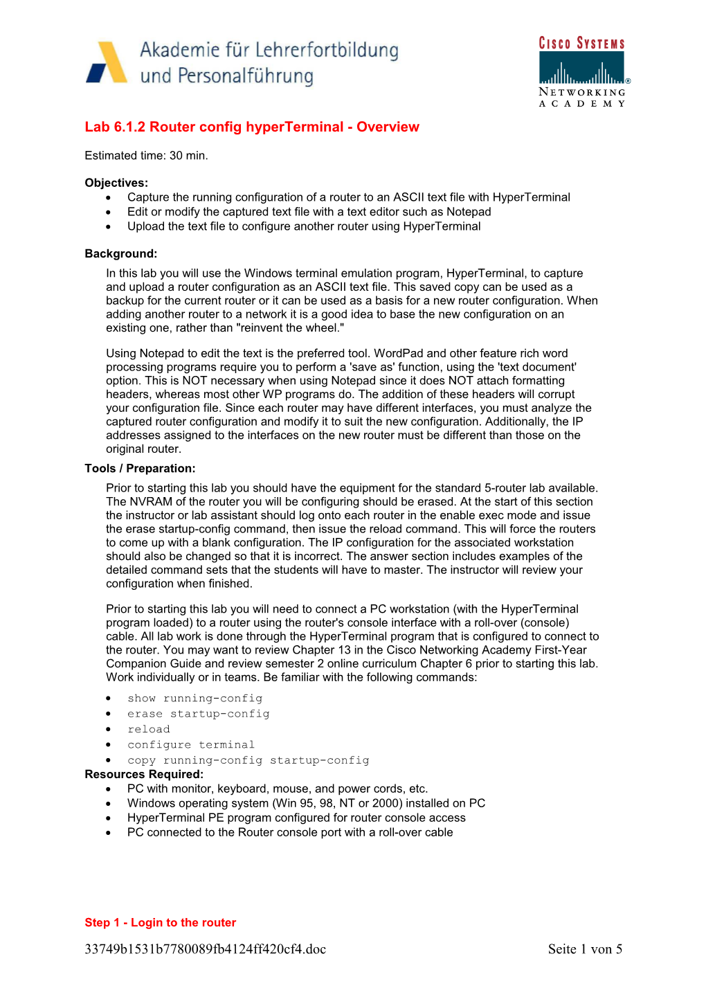 Lab 6.1.2 Router Config Hyperterminal - Overview