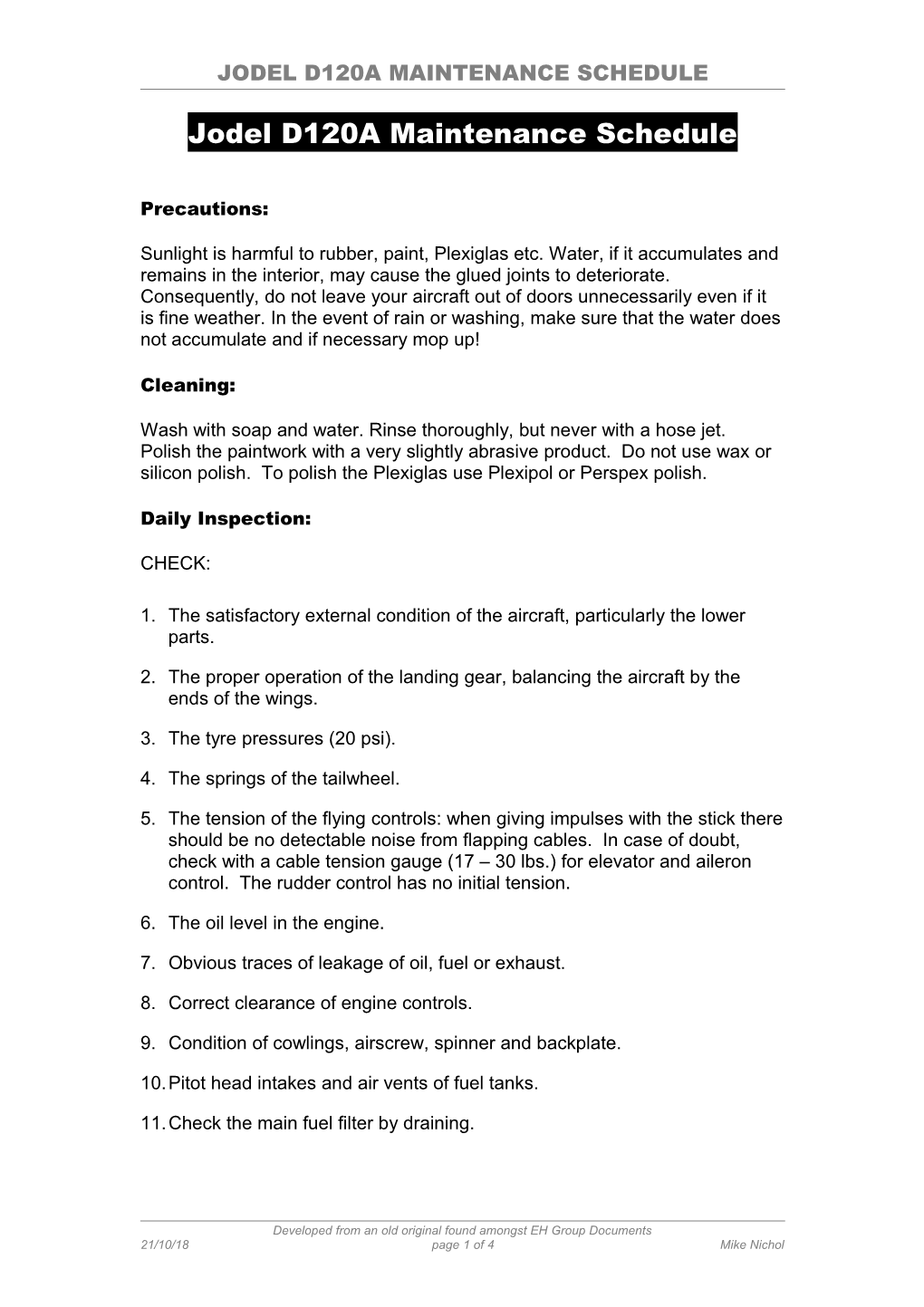 Jodel D120A Maintenance Schedule