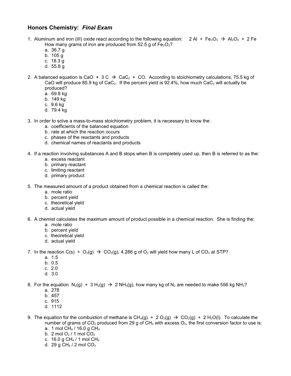 Chemistry: Final Exam, Spring, 1998
