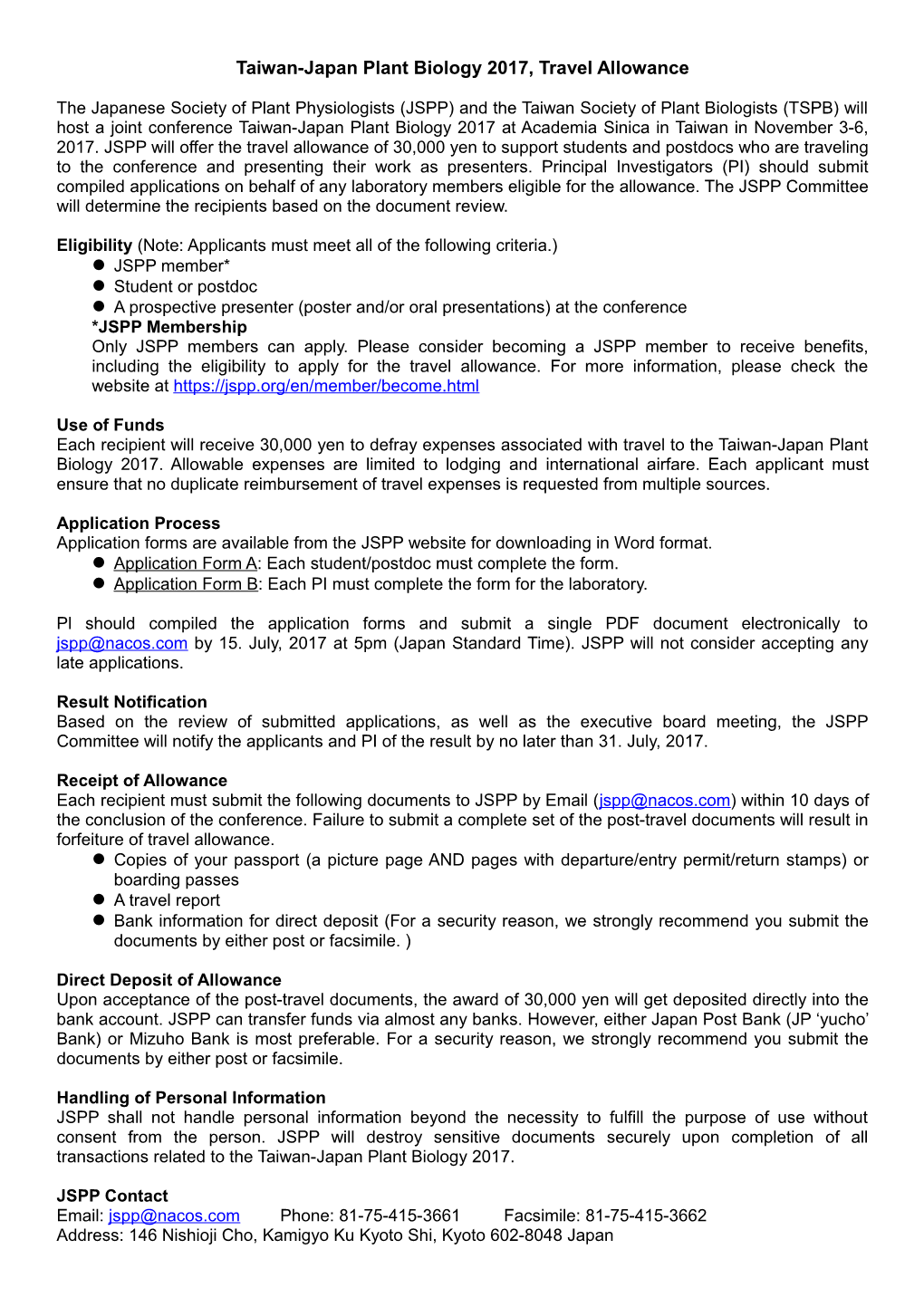 Taiwan-Japan Plant Biology 2017, Travel Allowance