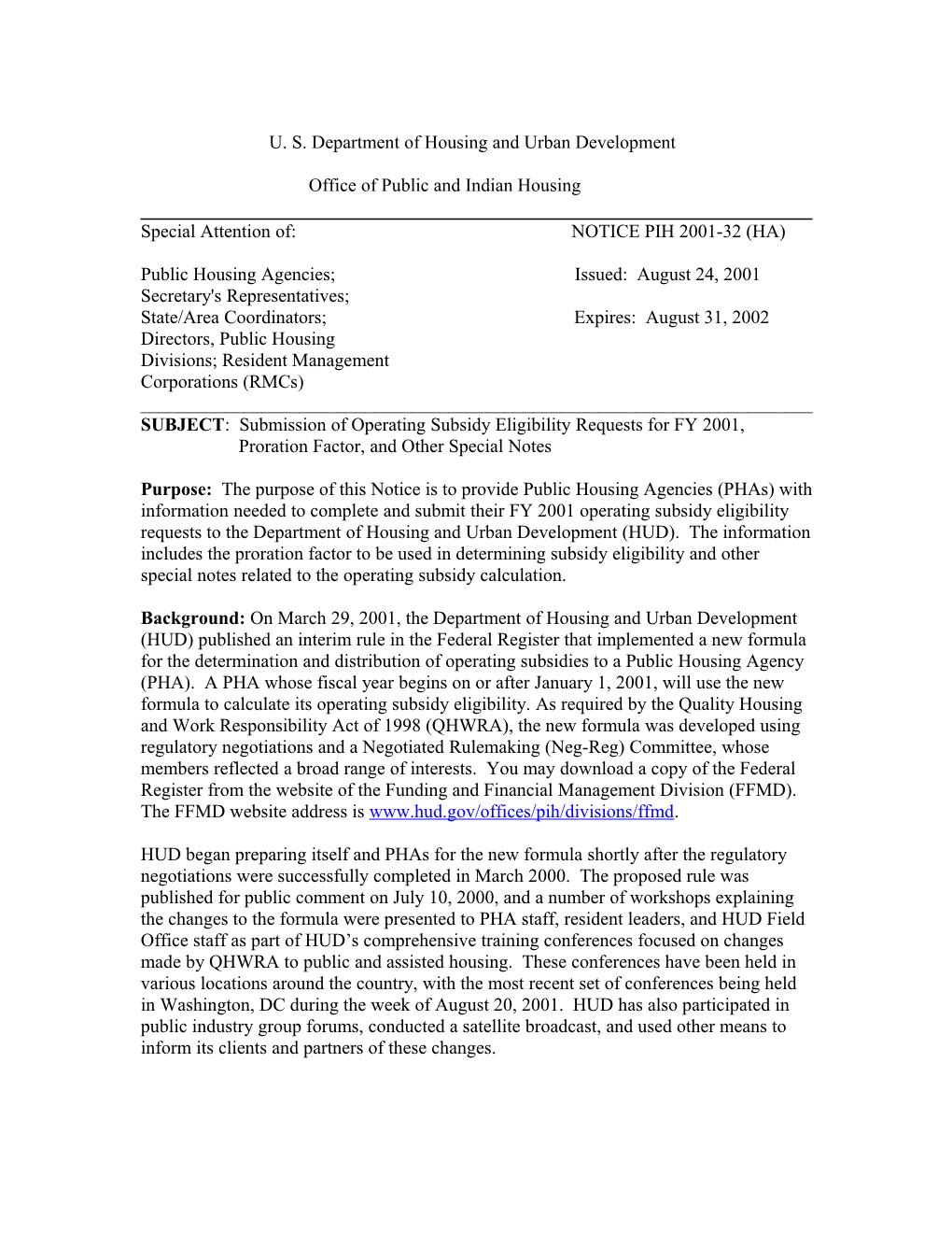 SUBJECT: Submission of Operating Subsidy Eligibility Requests for FY 2001