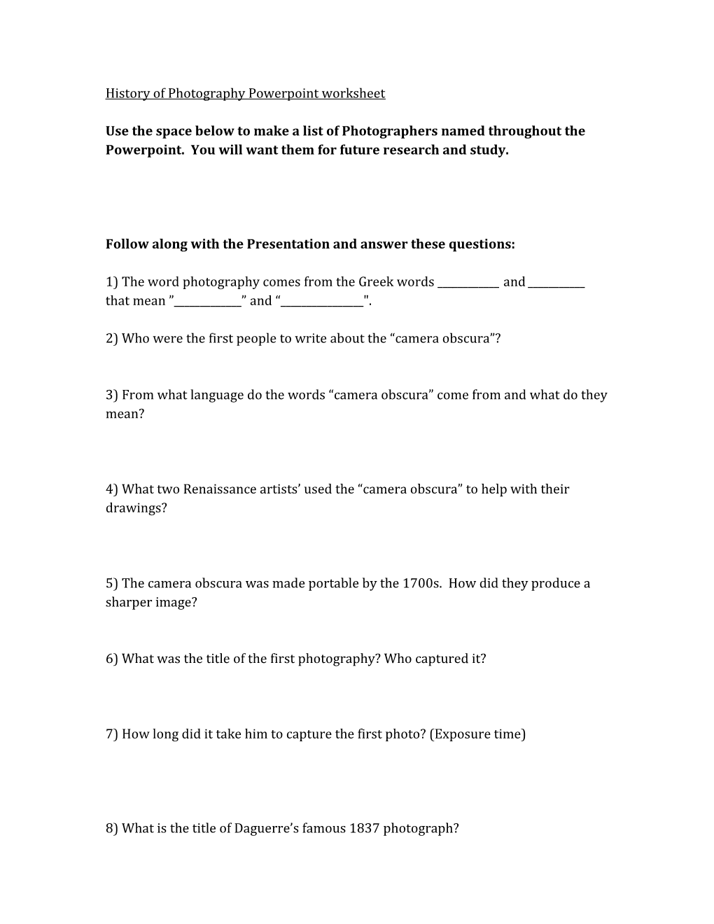 History of Photography Powerpoint Worksheet