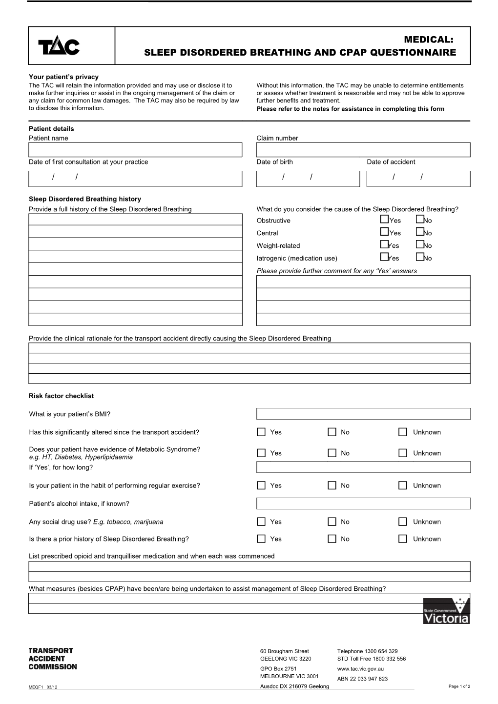 Sleep Disordered Breathing and Cpap Questionnaire