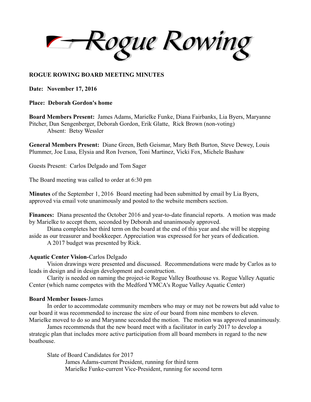 Rogue Rowing Board Meeting Minutes