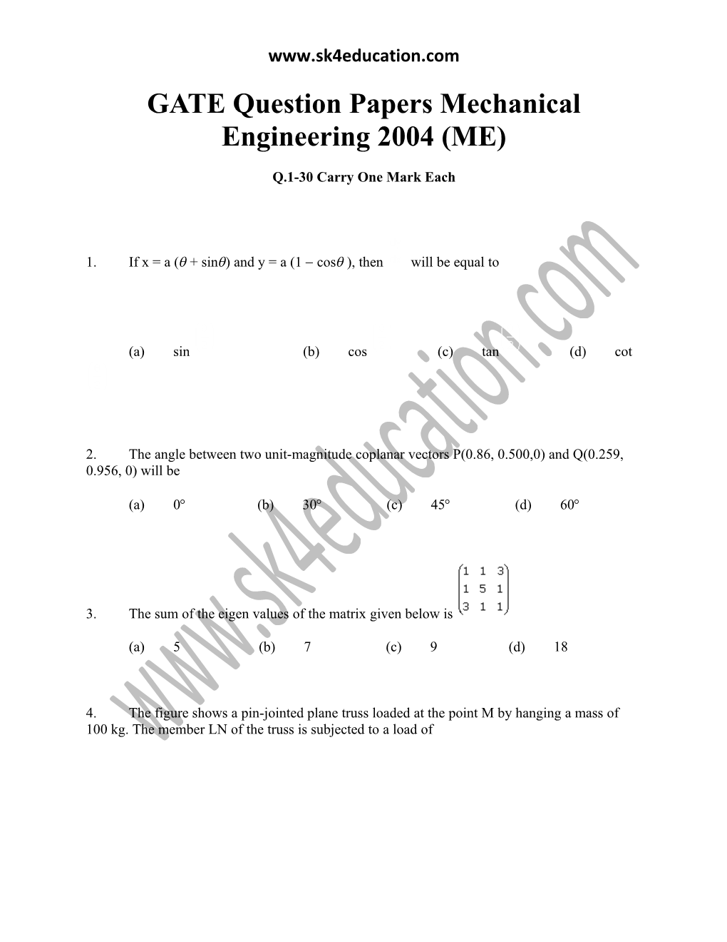 GATE Question Papers Mechanical Engineering 2004 (ME)