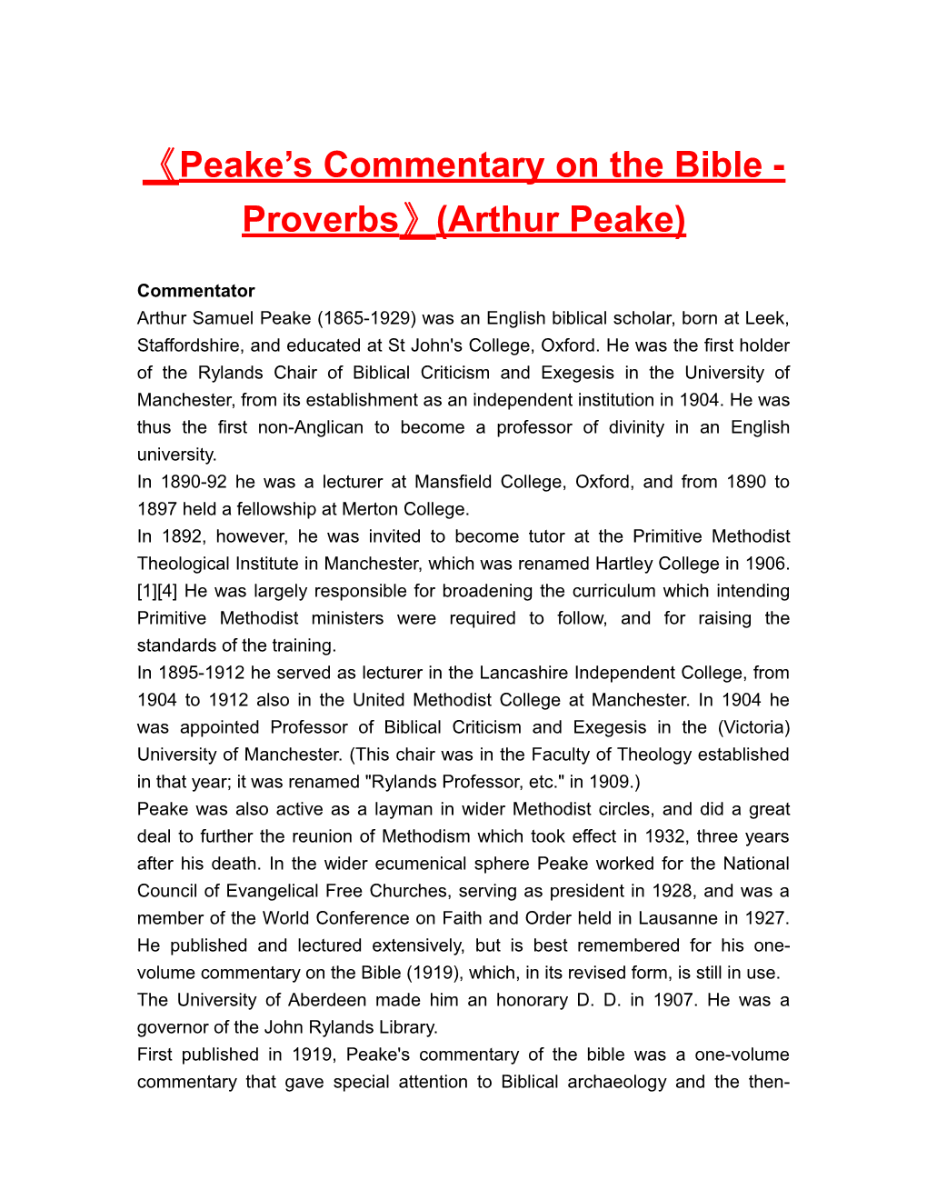 Peake S Commentary on the Bible - Proverbs (Arthur Peake)