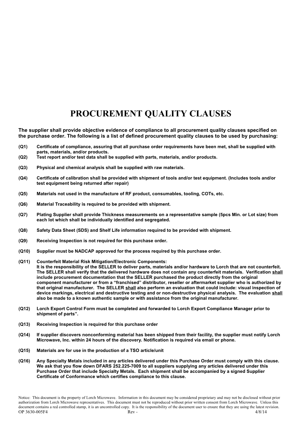 Procurement Quality Clauses