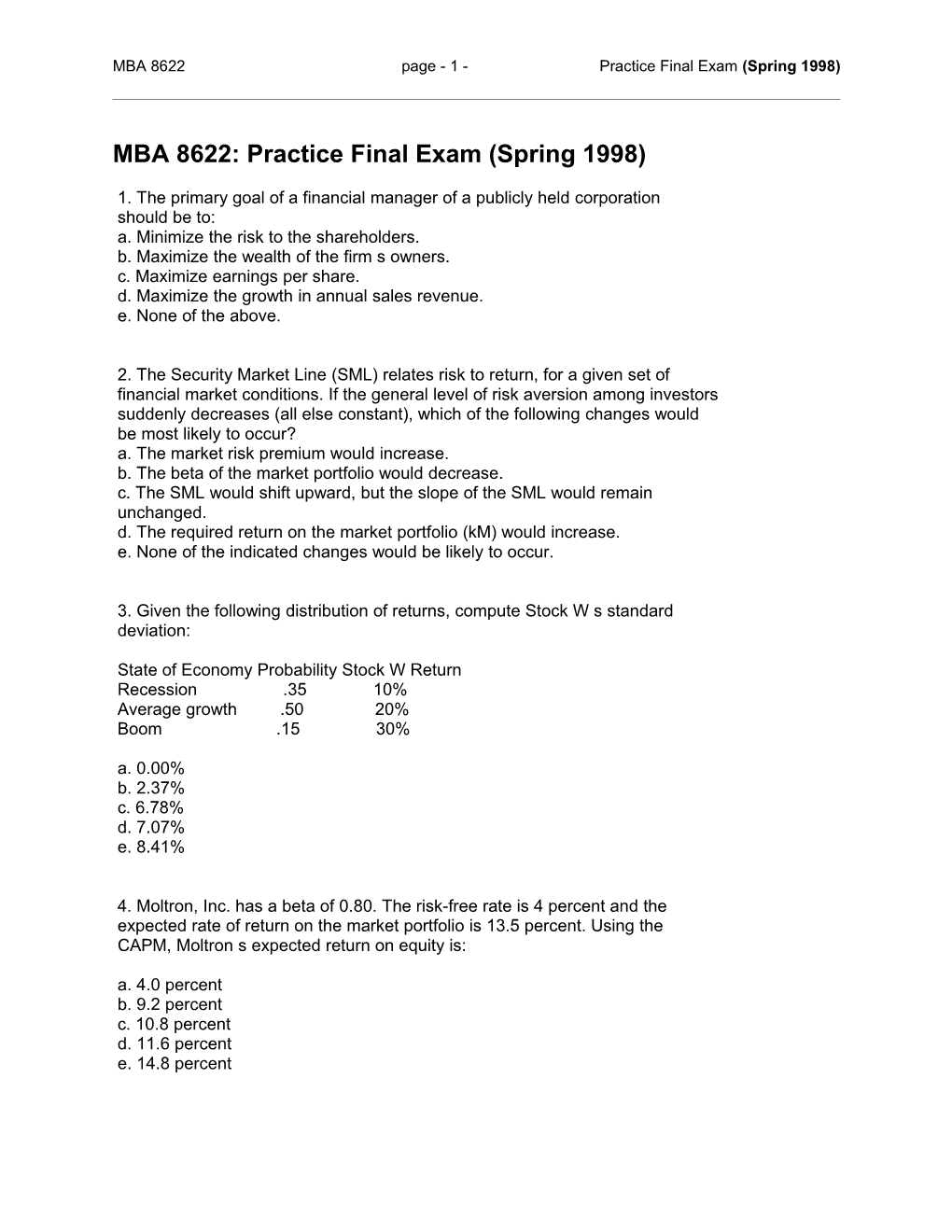 Practice Final Exam Spring 1998