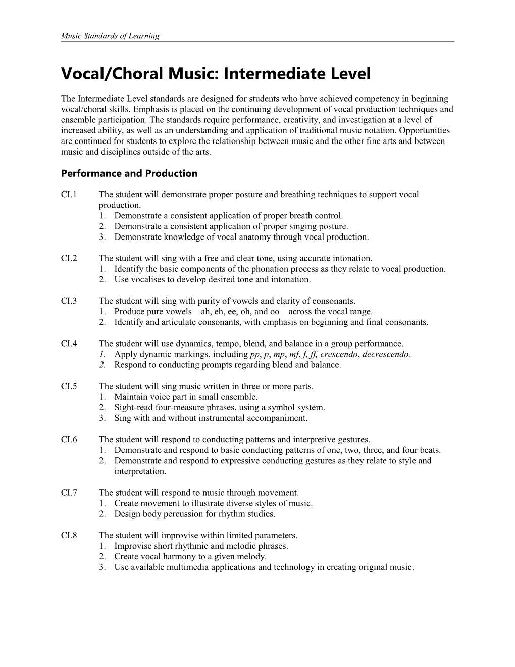 Vocal/Choral Music: Intermediate Level