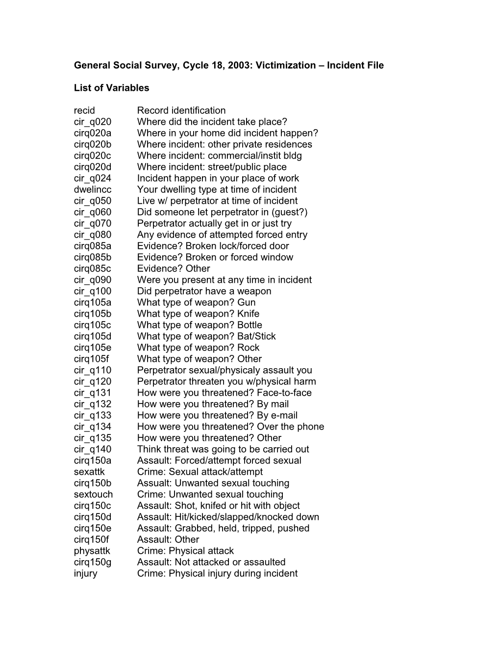 General Social Survey, Cycle 18, 2003: Victimization Main File