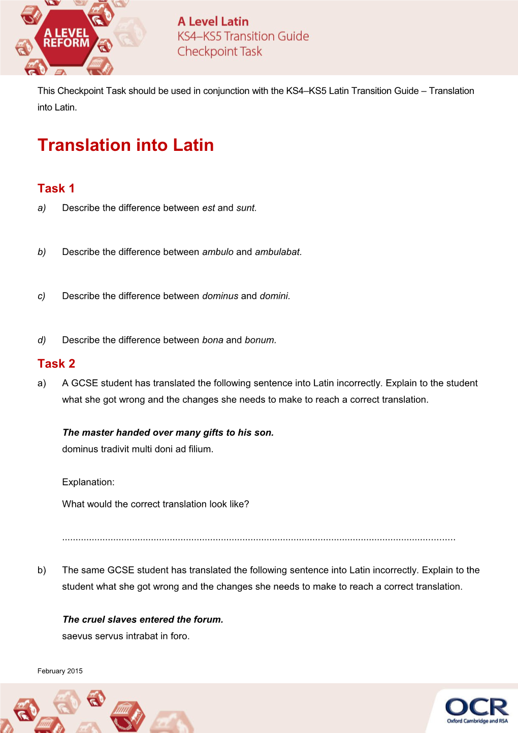 A Level Latin KS4-KS5 Checkpoint Task - Translation Into Latin