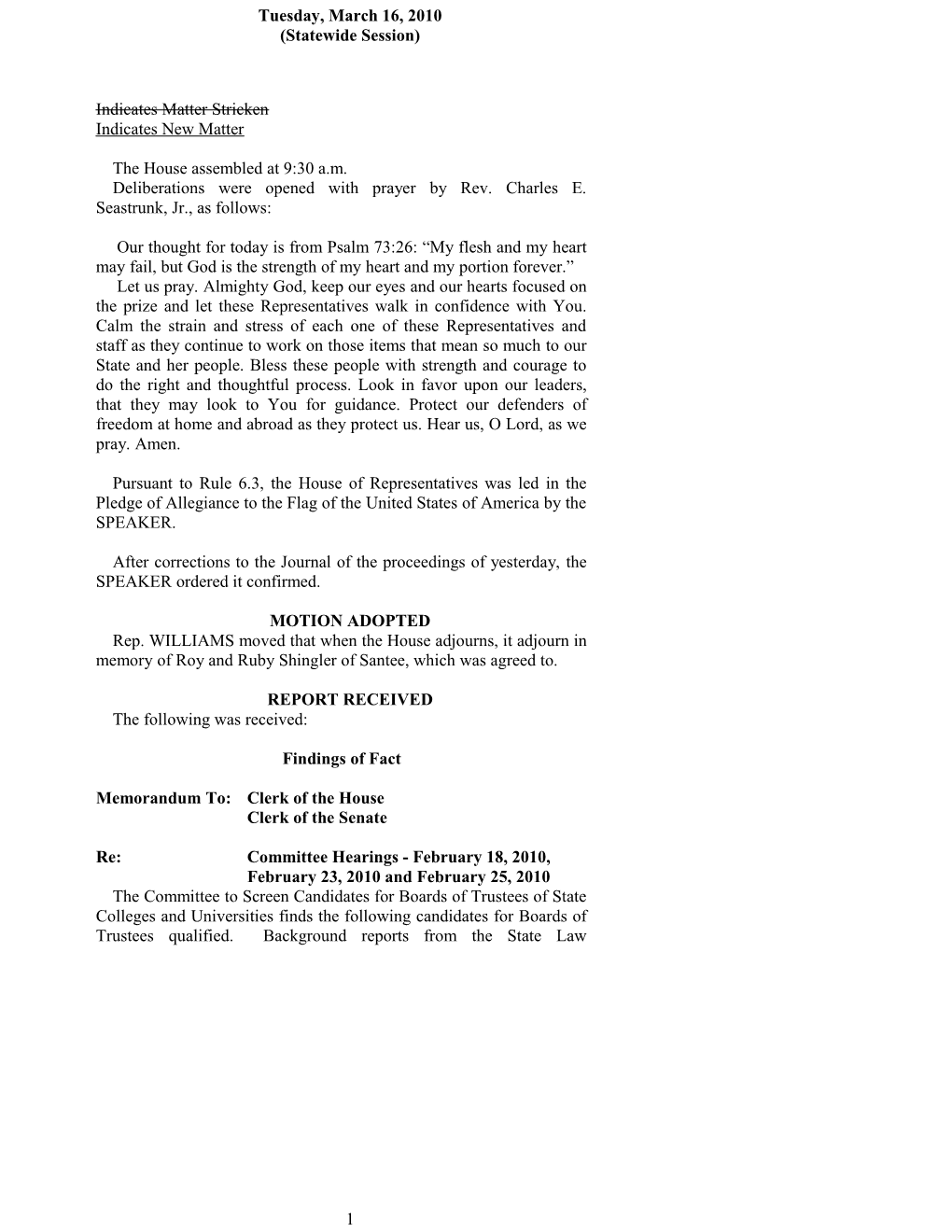 House Journal for Mar. 16, 2010 - South Carolina Legislature Online