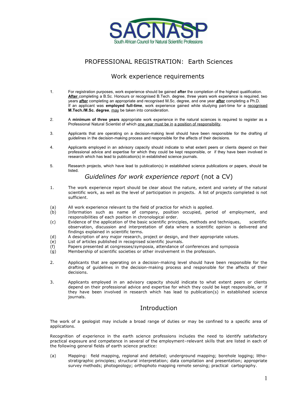 PROFESSIONAL REGISTRATION: Earth Sciences