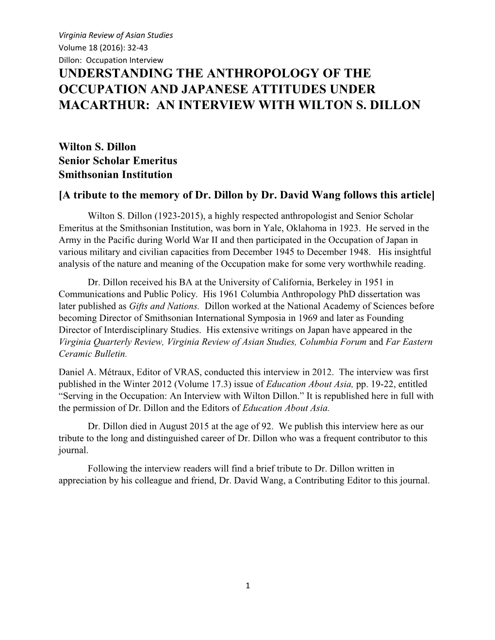 Virginia Review of Asian Studies Volume 18 (2016): 32-43 Dillon: Occupation Interview