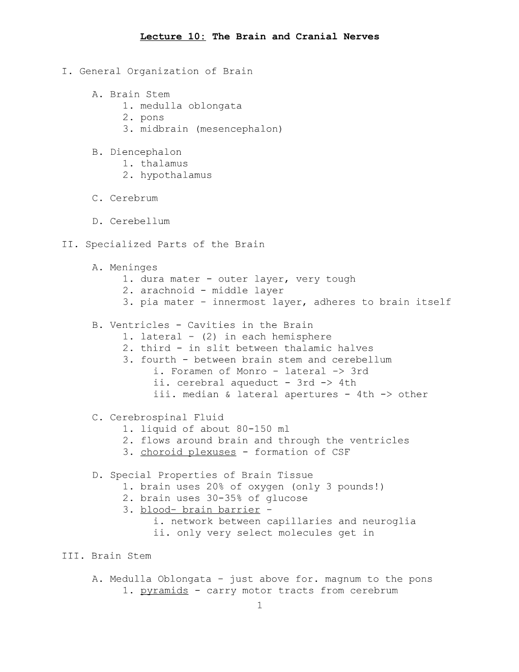 Lecture 10:The Brain and Cranial Nerves