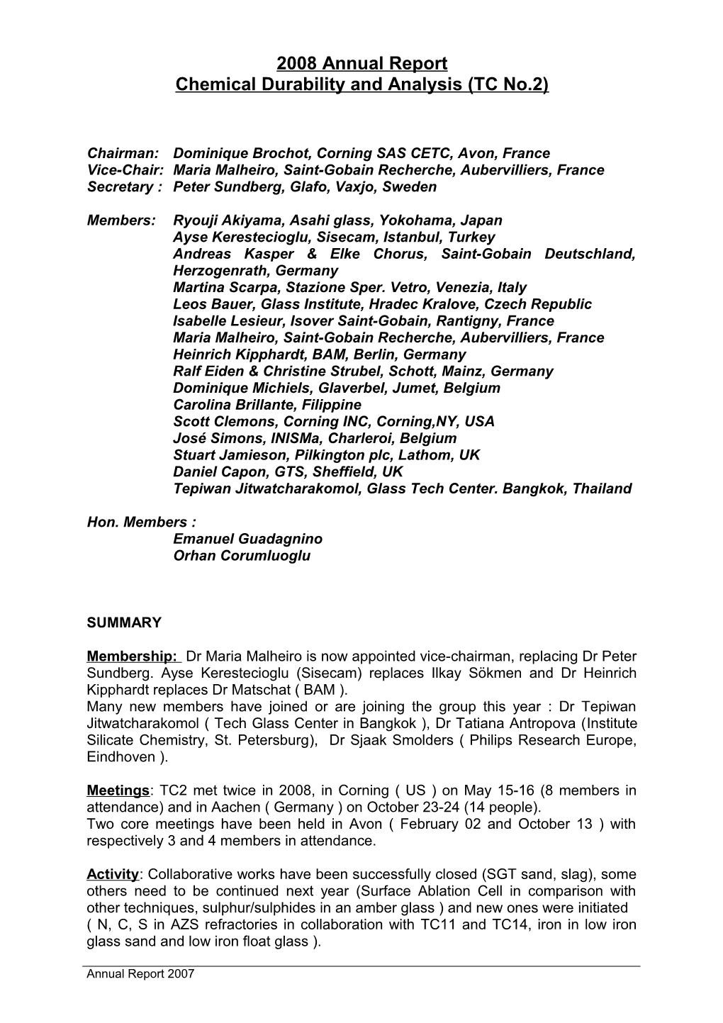 Chemical Durability and Analysis (TC No.2)