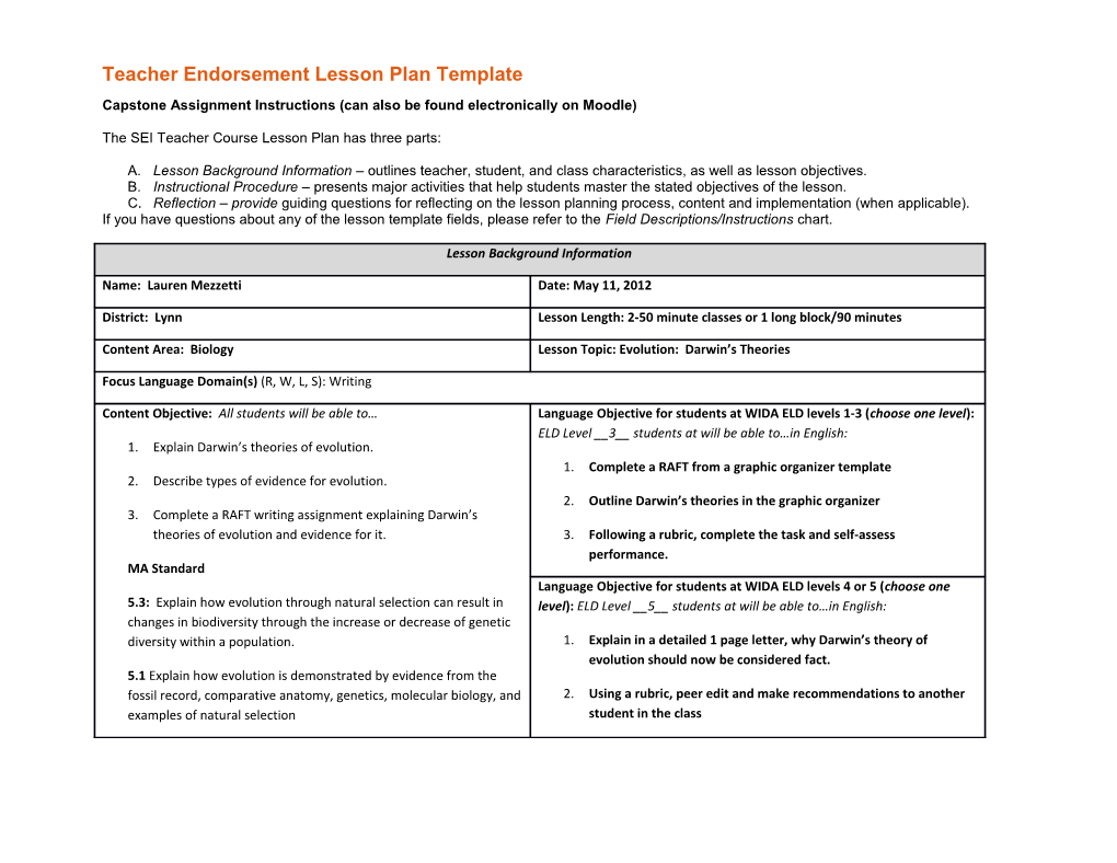 Teacher Endorsement Lesson Plan Template