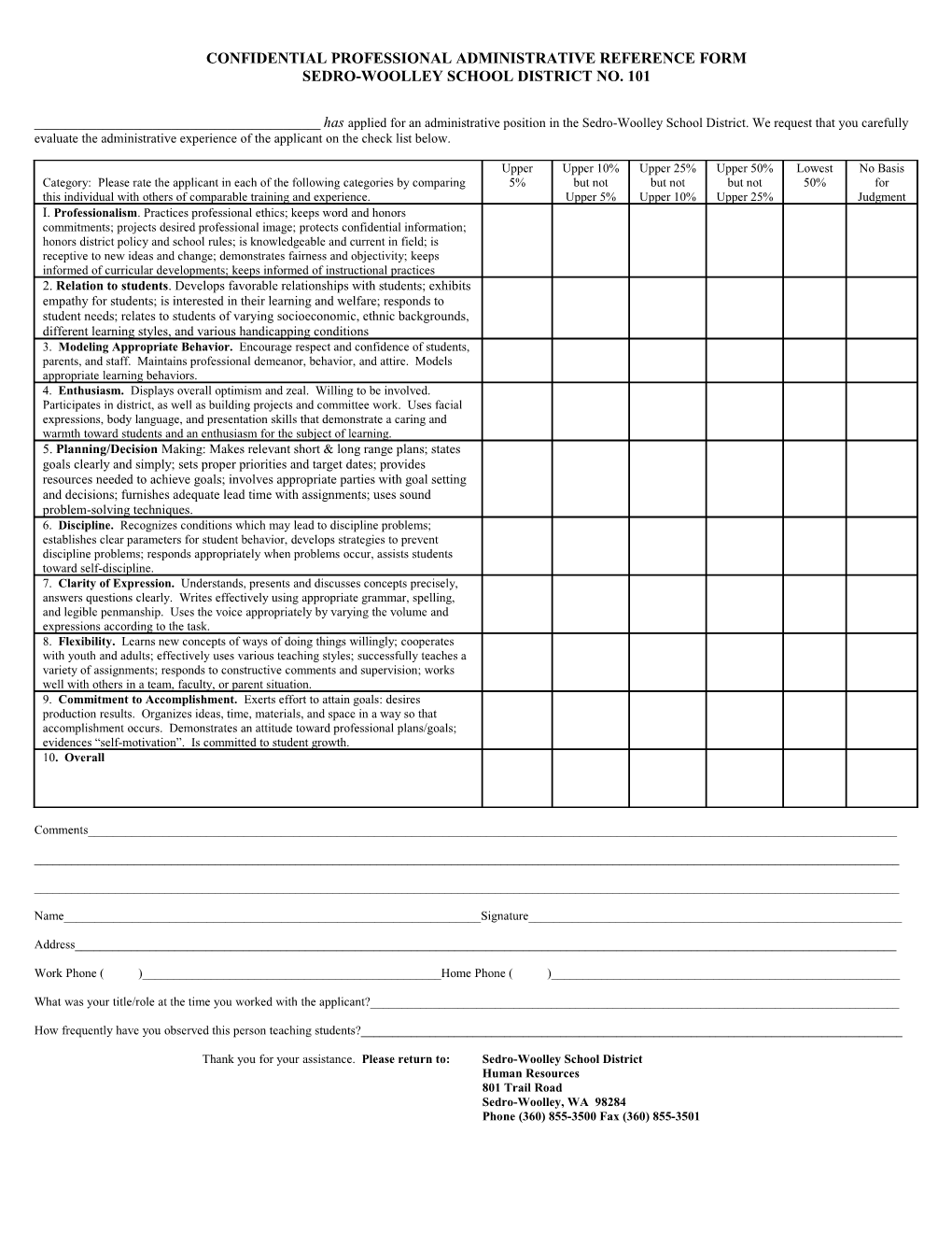 Confidential Professional Administrative Reference Form