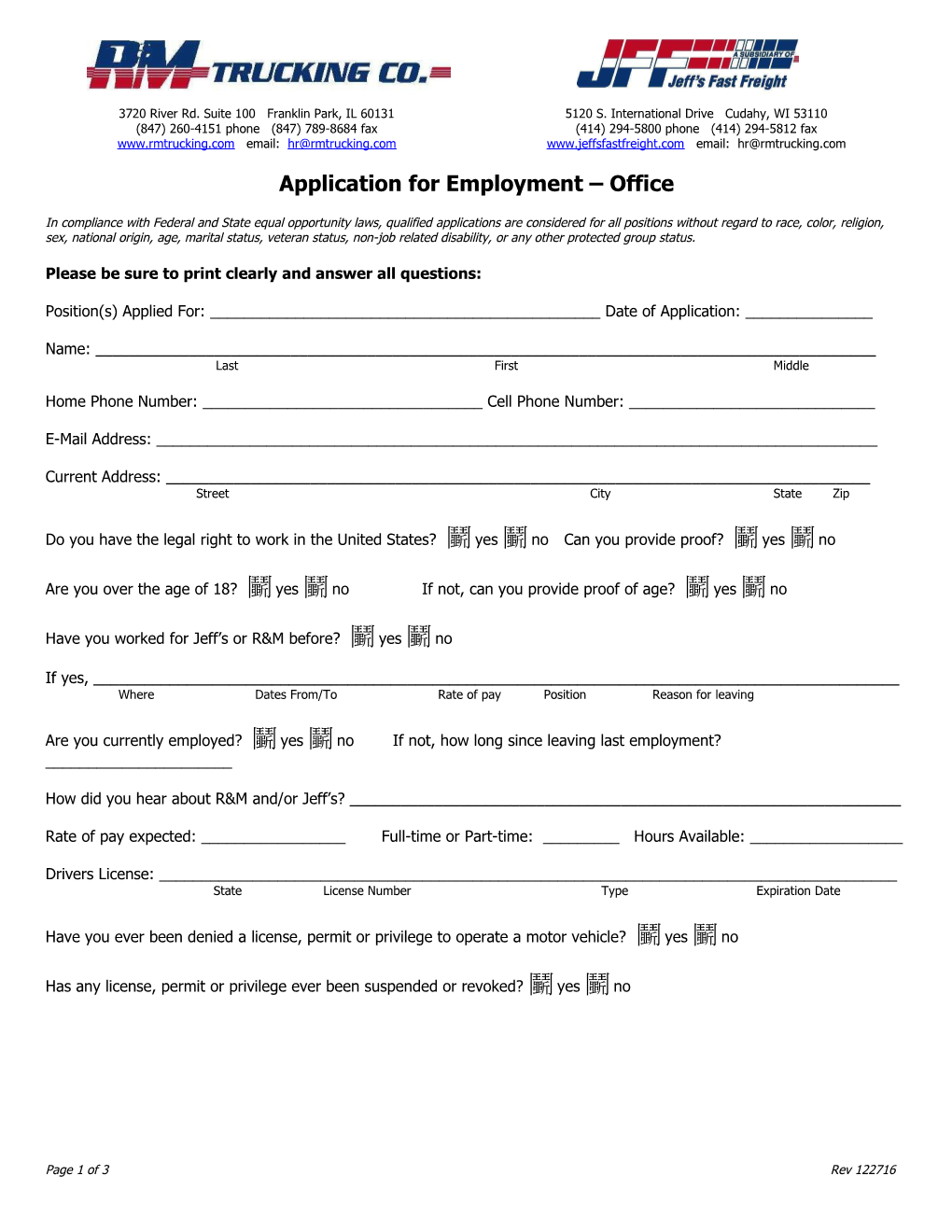 Application for Employment Office
