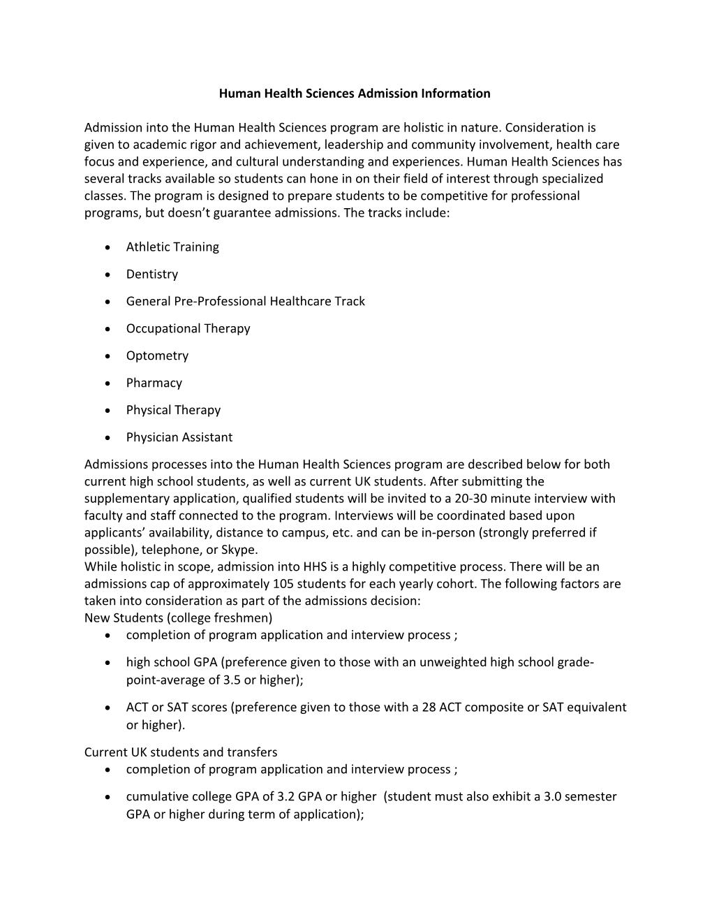 Human Health Sciences Admission Information