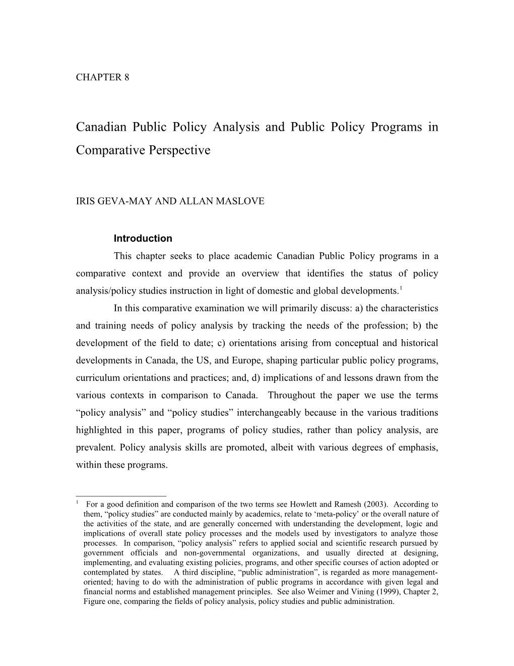 Canadian Public Policy Analysis and Public Policy Programs in Comparative Perspective