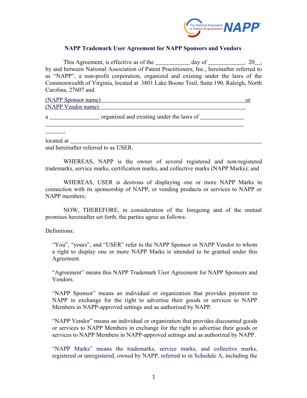 NAPP Trademark User Agreement for NAPP Sponsors and Vendors