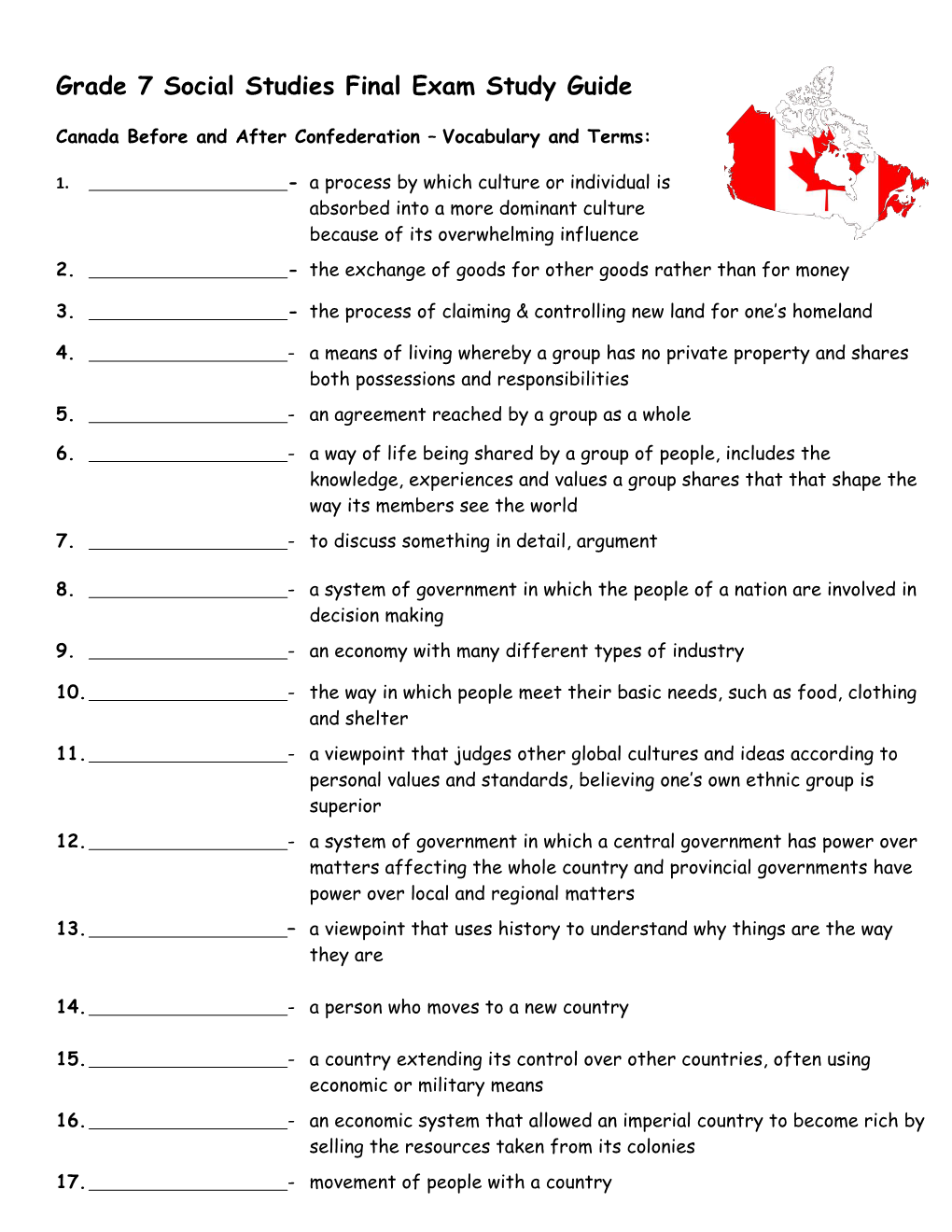 Canada Before and After Confederation Vocabulary and Terms