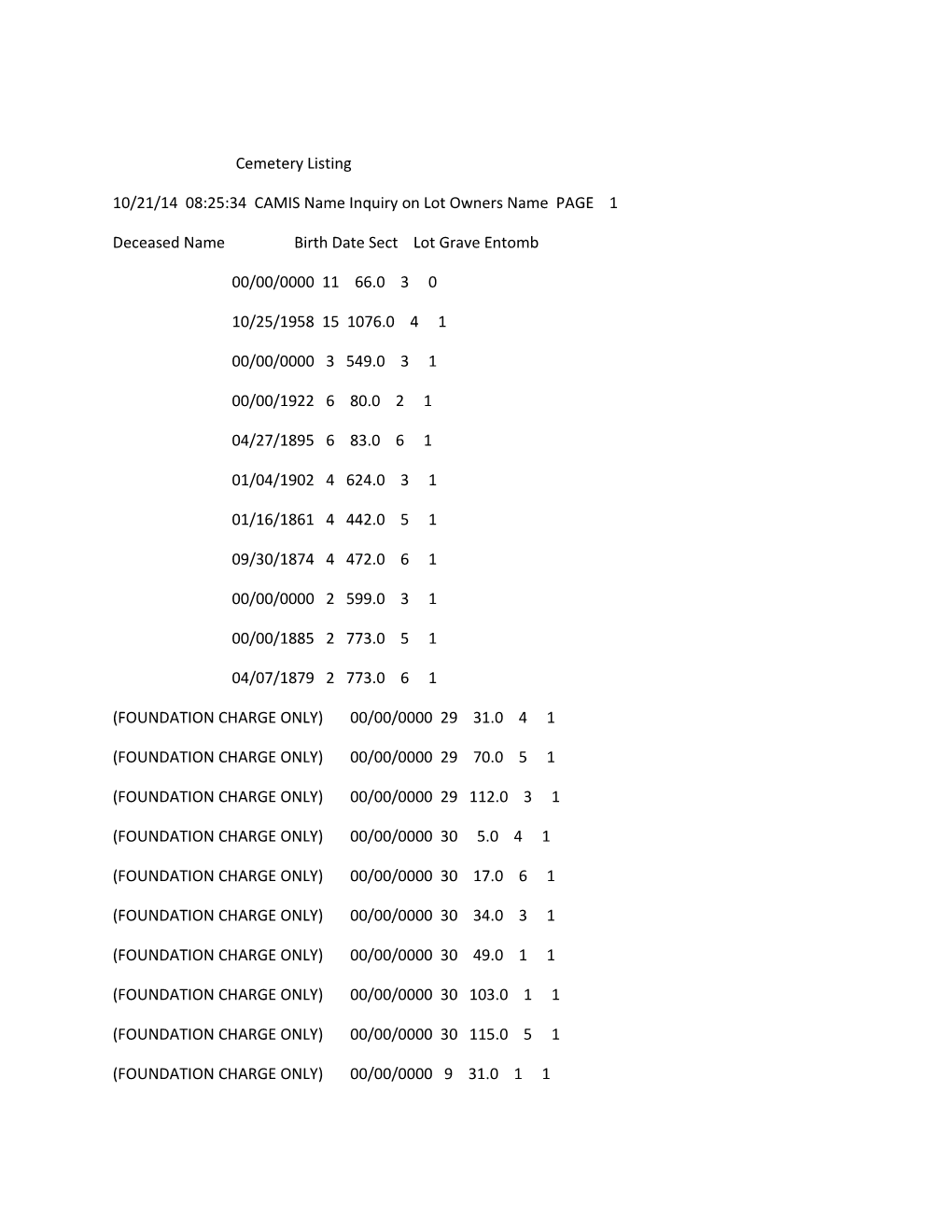 10/21/14 08:25:34 CAMIS Name Inquiry on Lot Owners Name PAGE 1