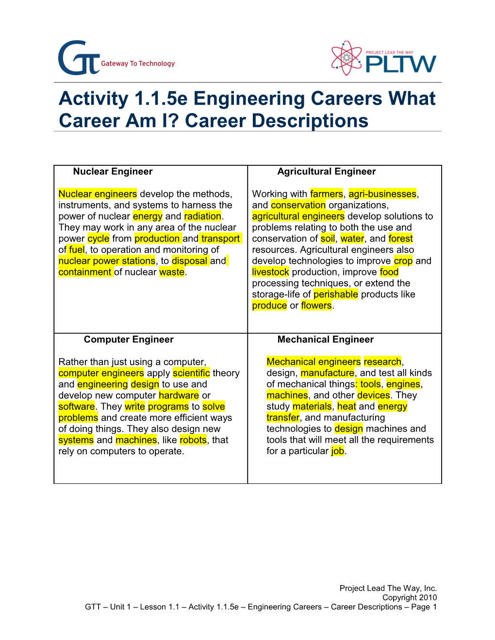 Activity 1.1.5E Engineering Careers - Career Descriptions
