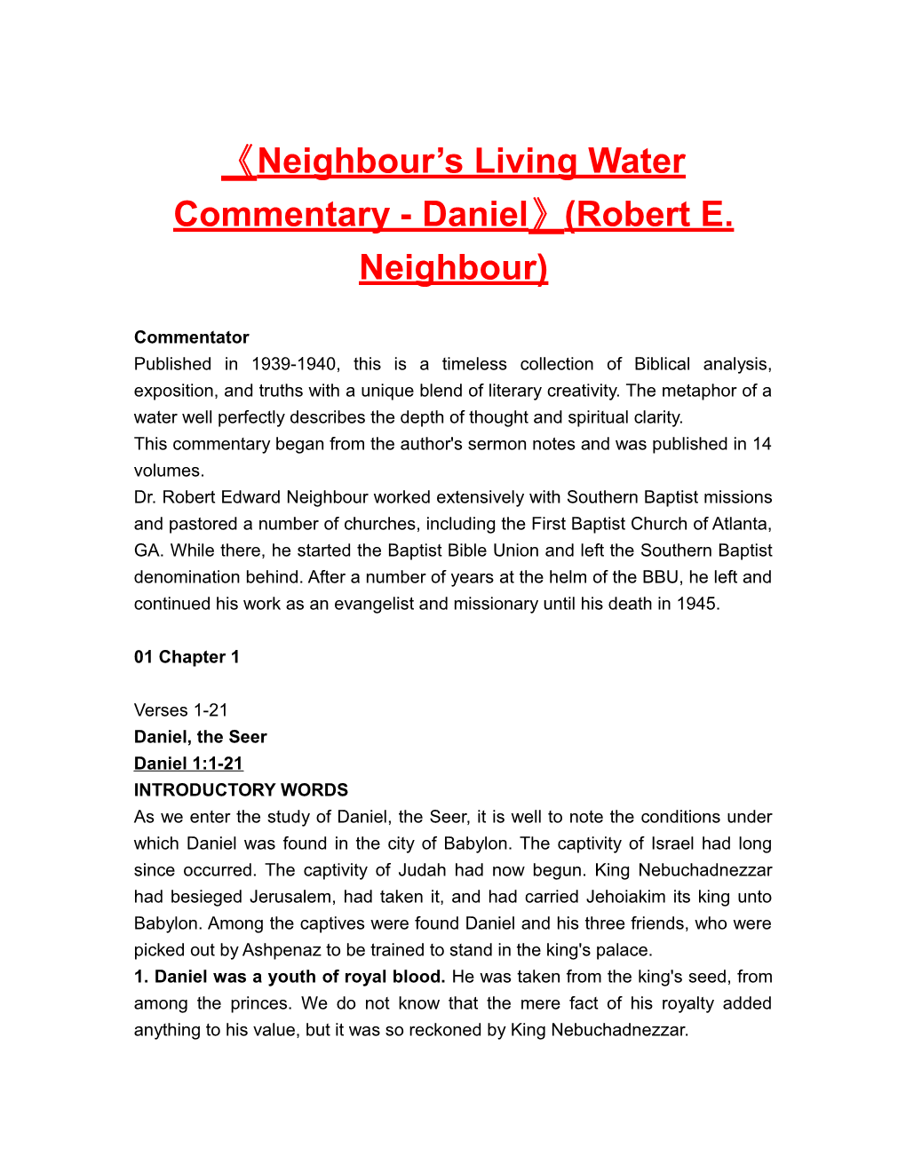 Neighbour S Living Water Commentary - Daniel (Robert E. Neighbour)