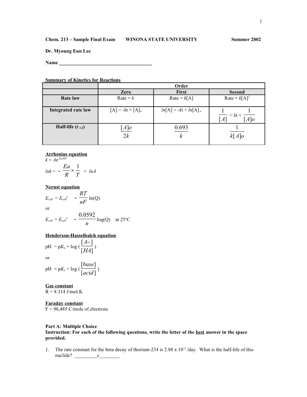 Sample Final Exam Key