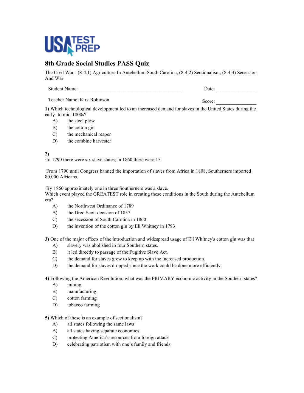 8Th Grade Social Studies PASS Quiz