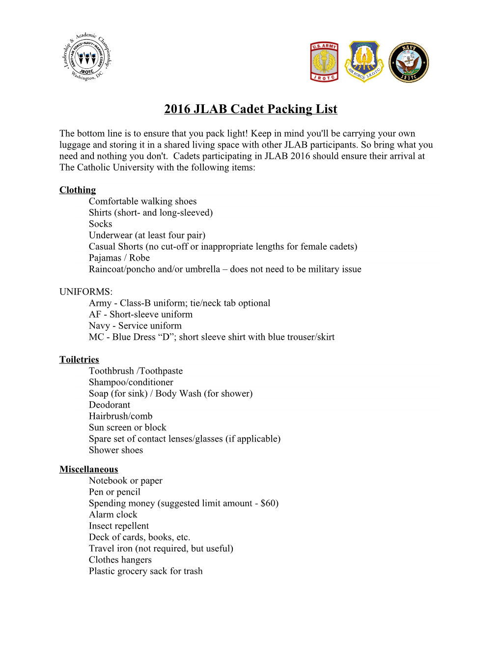 2016JLAB Cadet Packing List
