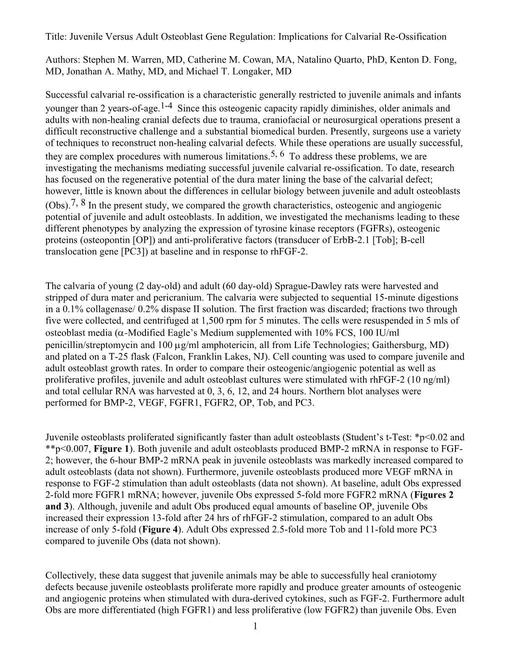 Title: Juvenile Versus Adult Osteoblast Gene Regulation: Implications for Calvarial