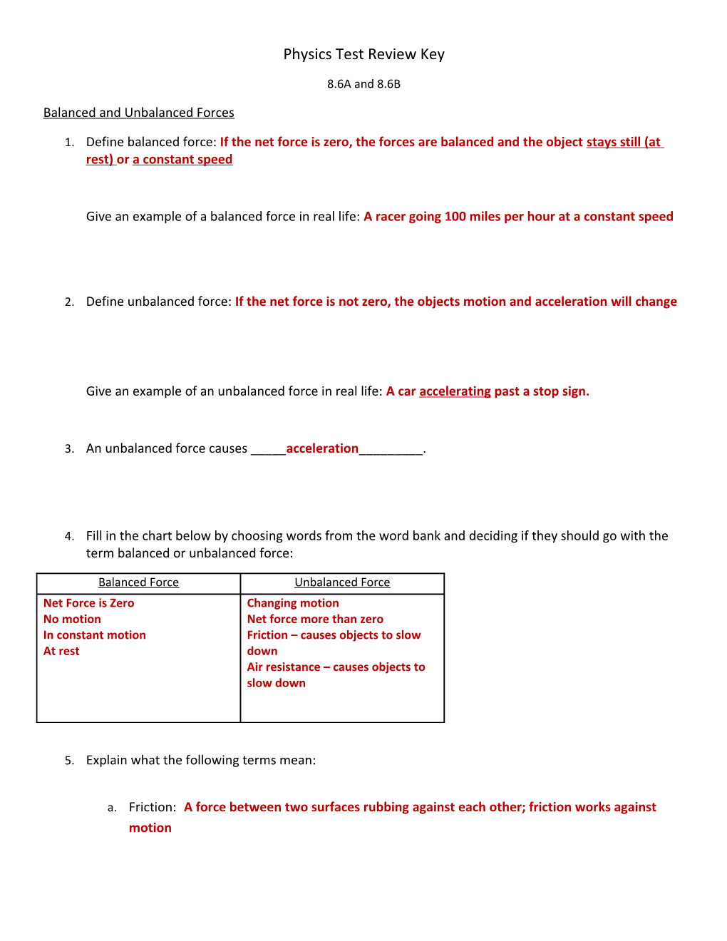 Physics Test Review Key