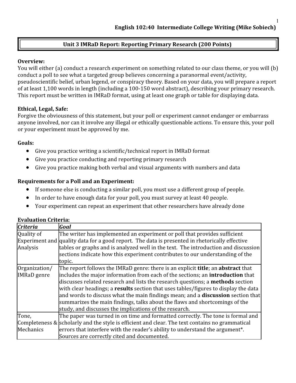 English 102:40 Intermediate College Writing (Mike Sobiech)