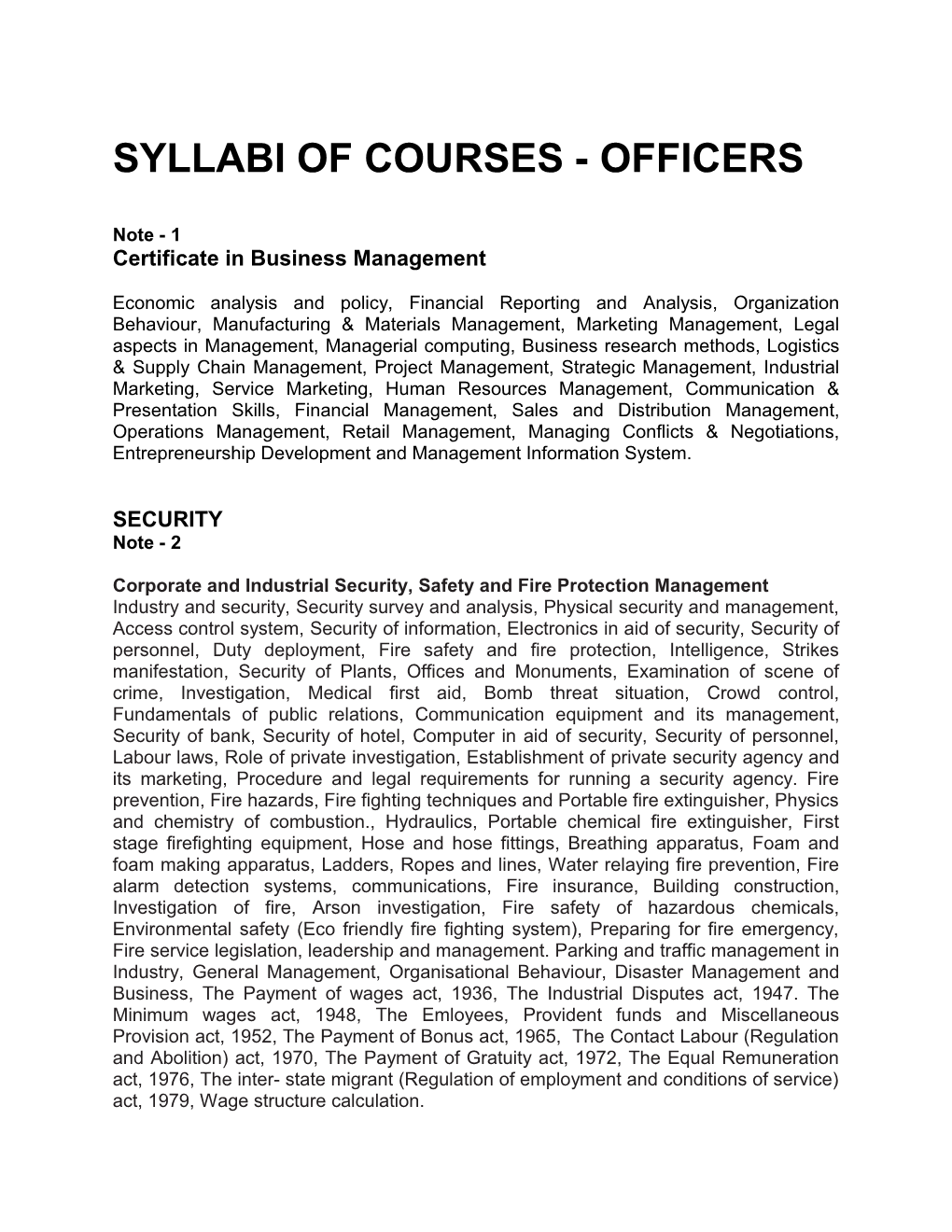 Syllabi of Courses - Officers