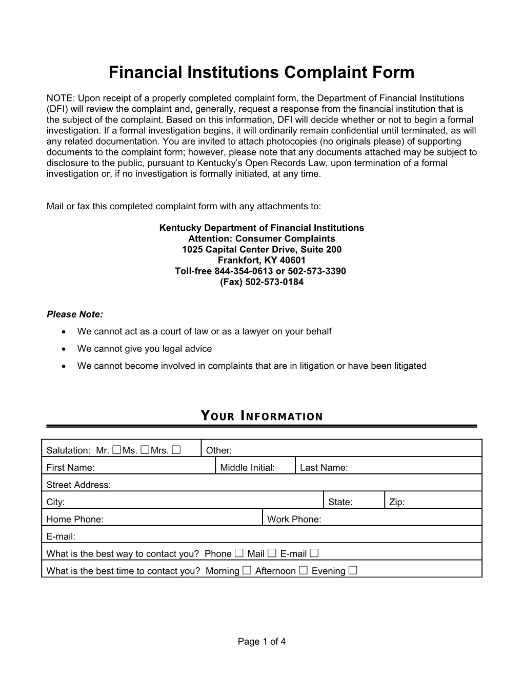 Financial Institutions Complaint Form